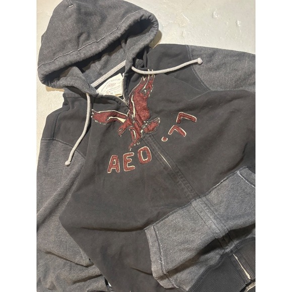 Y2K American Eagle Outfitters Mens XLT Full Zip Hoodie Eagle Logo Black 
Boxy - Picture 2 of 7